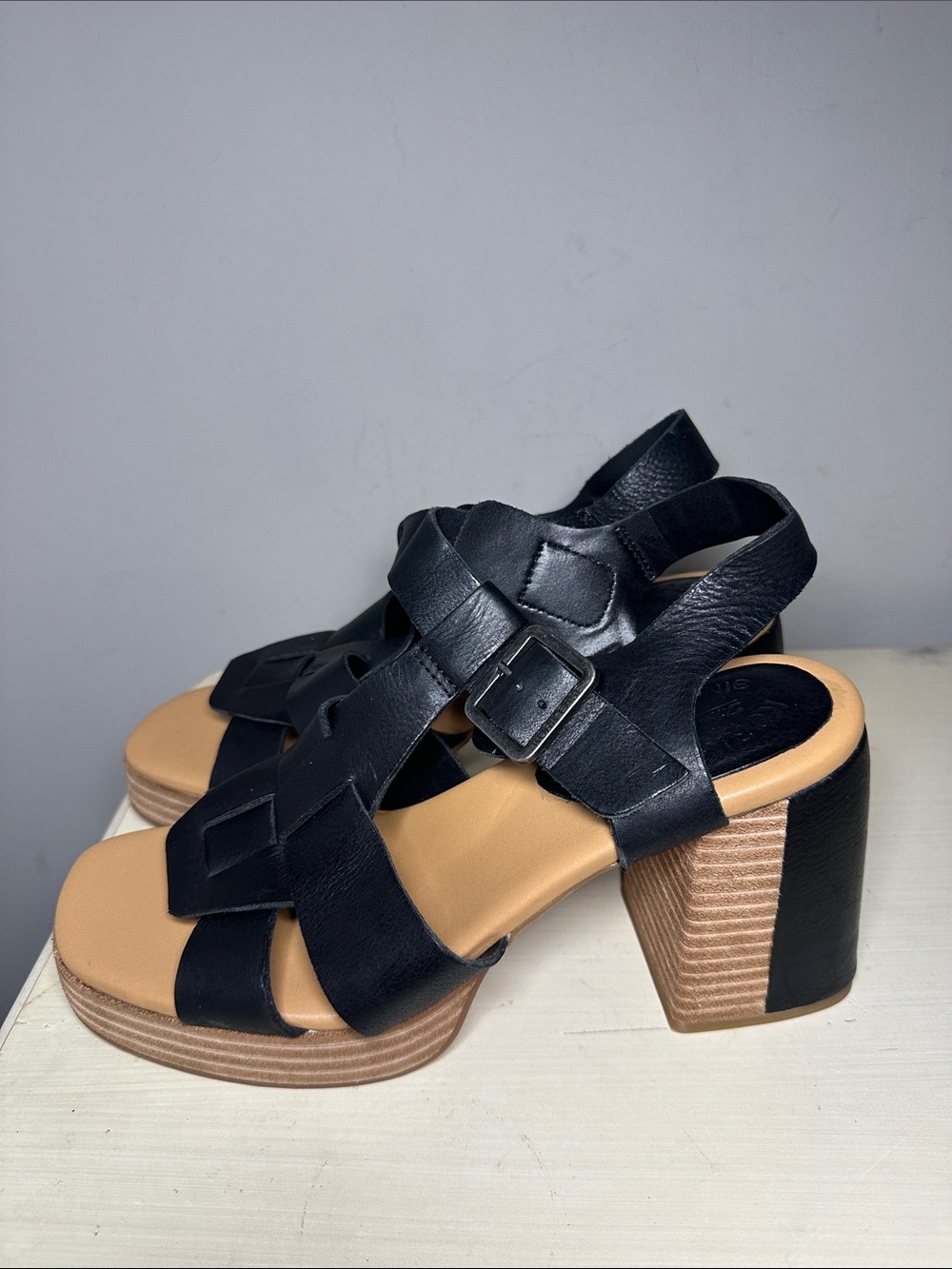 Kork Ease Macey ankle strap Black Leather Woven Strap platform Heel Sandals